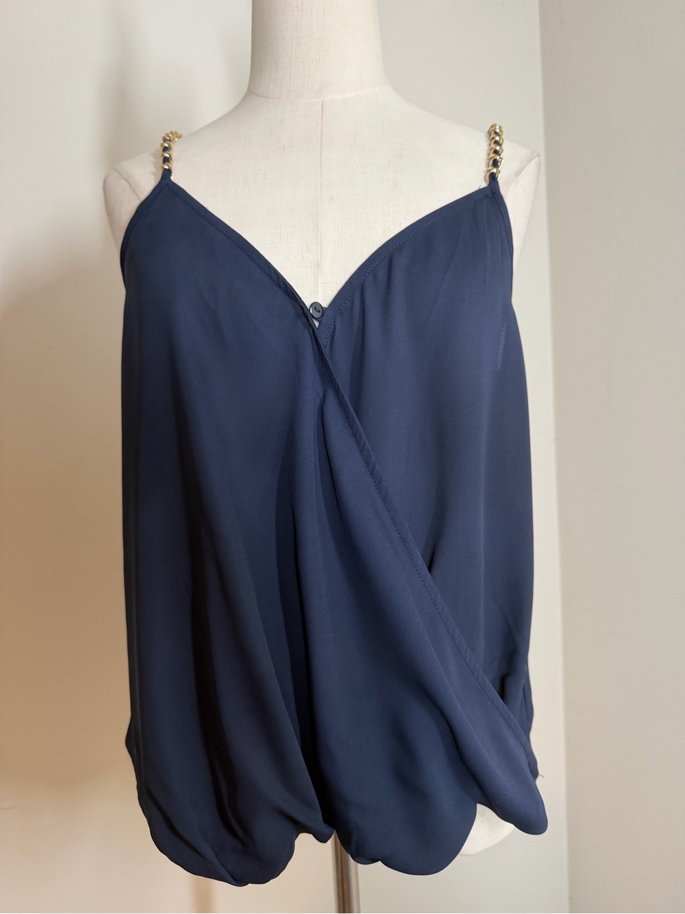 Double Zero Women’s Navy Blue Faux Wrap-SZ S-Flowy Chain Strap Button Detail Top